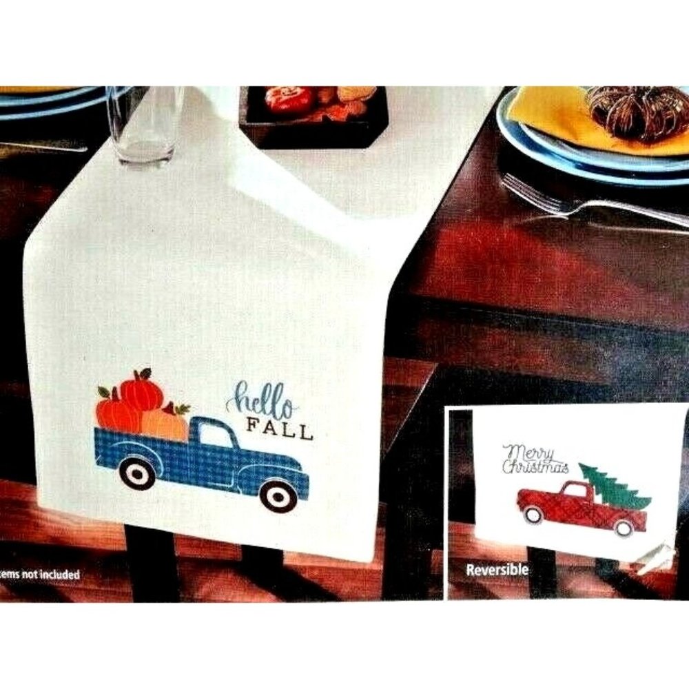 Holiday Table Runner Reversible Harvest Pumpkin Truck to Christmas Tree